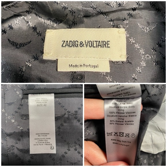 Zadig Voltaire Blazer 42 Womens 1B 1V Vedy Skull Shiny Strass Wool Peak Lapel - Picture 6 of 6